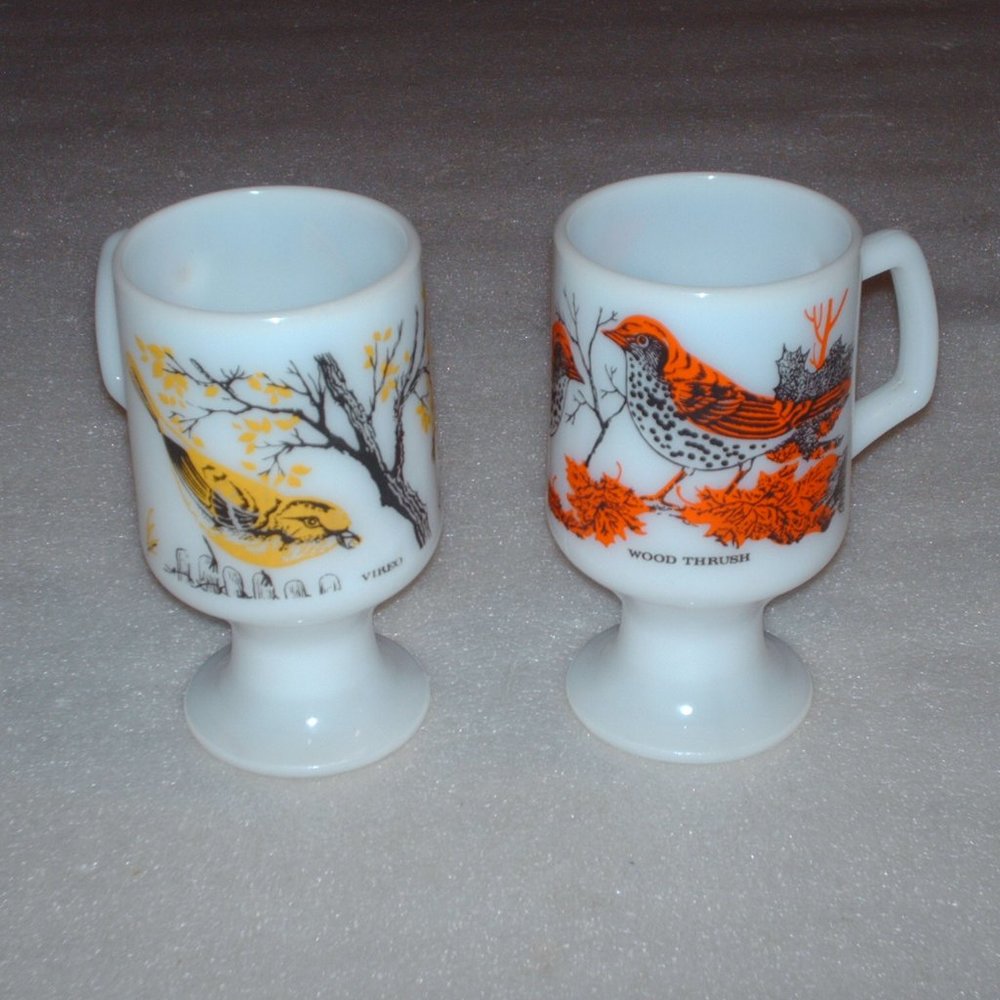 2 vintage milk glass bird drinking glasses